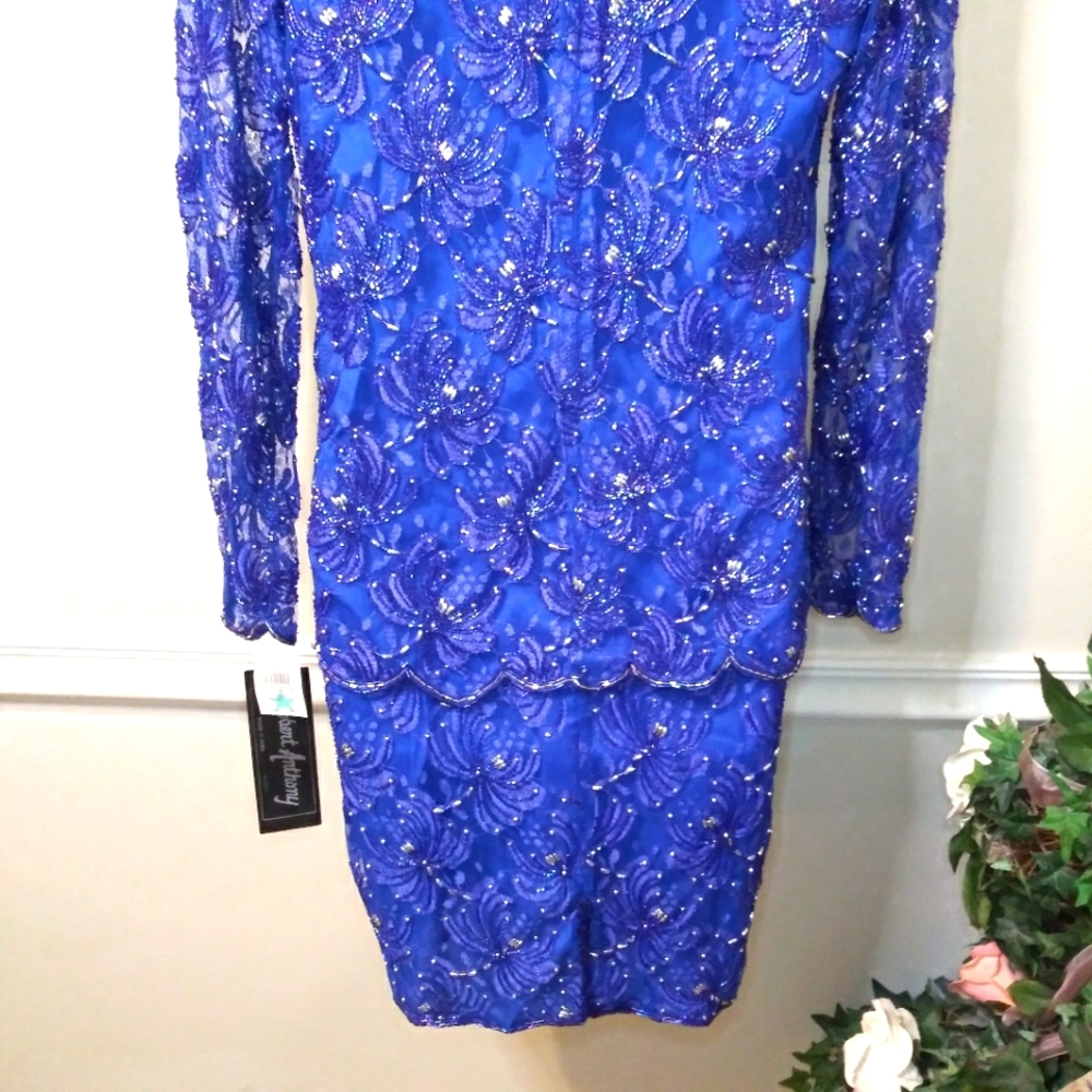 Vintage 1980's Robert Anthony Royal Blue & Purple Beaded Cocktail Dres - Picture 10 of 14